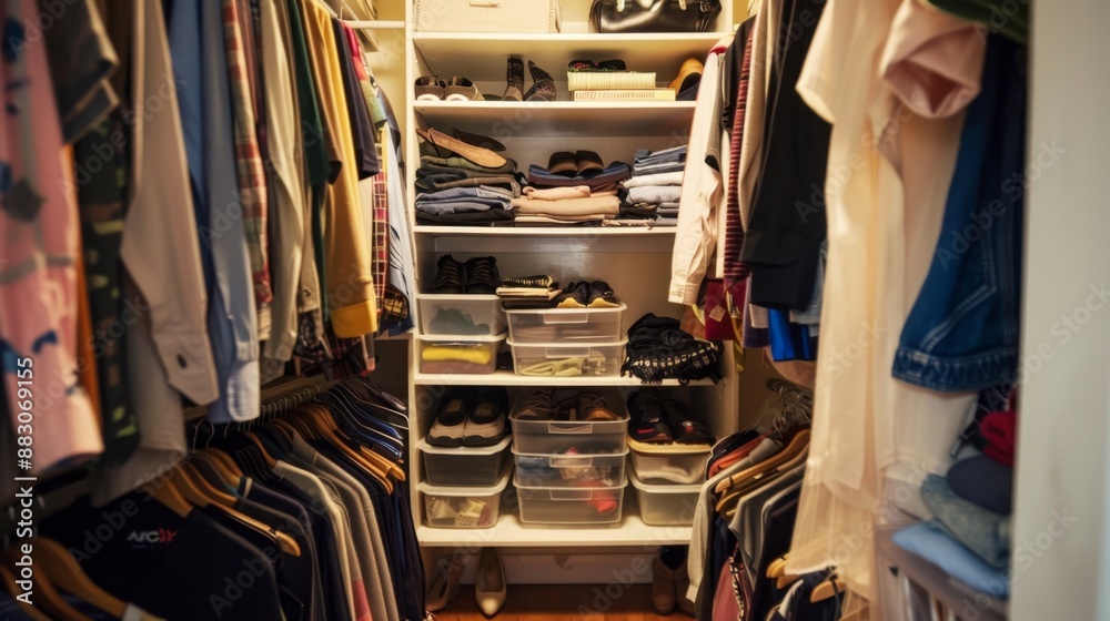 Organized Closet with Clothes and Shoes. Organized Closet with Clothes and Shoes.