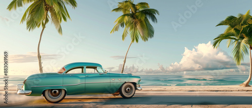 Fototapeta Naklejka Na Ścianę i Meble -  vintage car beside the palm trees tropical beach with blue sky background