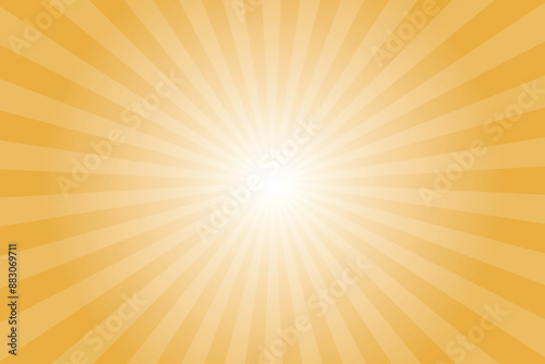 Yellow background with white sun ray. Pattern of starburst. Abstract hunyadi yellow texture with light of sunburst. Radial beam of sunlight. Retro background with flash. Design of sunbeams. photo