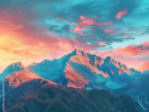 A scenic view of a mountain range with a vibrant colored sky