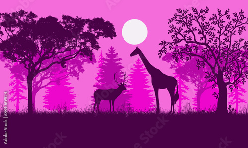 Photography Silhouettes of trees and wild animals in the night forest