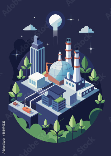 Green industry eco power for sustainable energy environmental friendly low carbon footprint. Green factory industry for good environment ozone air low carbon