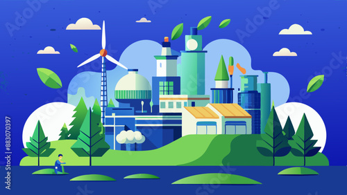 Green industry eco power for sustainable energy environmental friendly low carbon footprint. Green factory industry for good environment ozone air low carbon