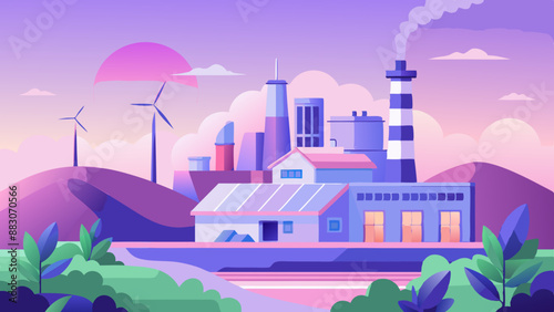 Green industry eco power for sustainable energy environmental friendly low carbon footprint. Green factory industry for good environment ozone air low carbon