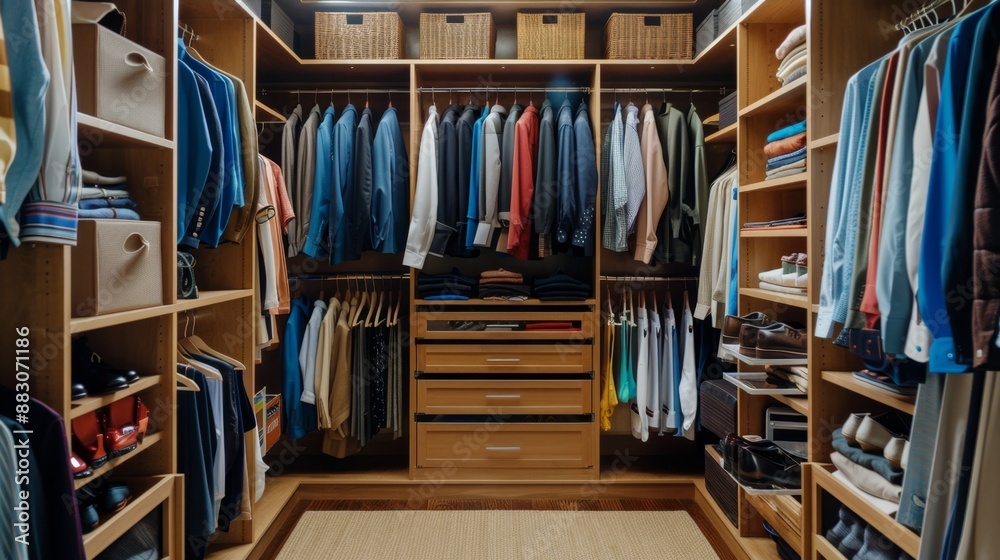 Organized Walk-in Closet with Clothes and Shoes. Organized Walk-in Closet with Clothes and Shoes.