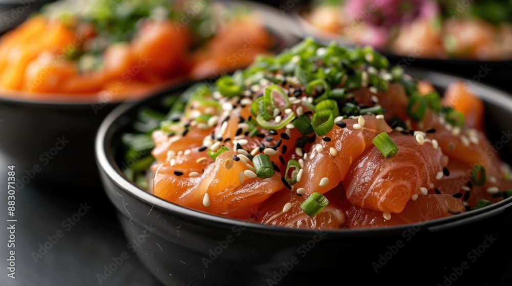 A scrumptious salmon poke bowl filled with rich toppings including fresh salmon slices, green onions, and sesame seeds, beautifully garnished for a flavorful experience. A scrumptious salmon poke bowl filled with rich toppings including fresh salmon slices, green onions, and sesame seeds, beautifully garnished for a flavorful experience.