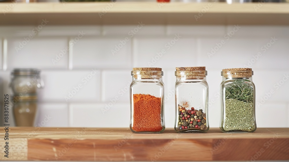 Three Jars of Spices on the Kitchen Shelf Three Jars of Spices on the Kitchen Shelf