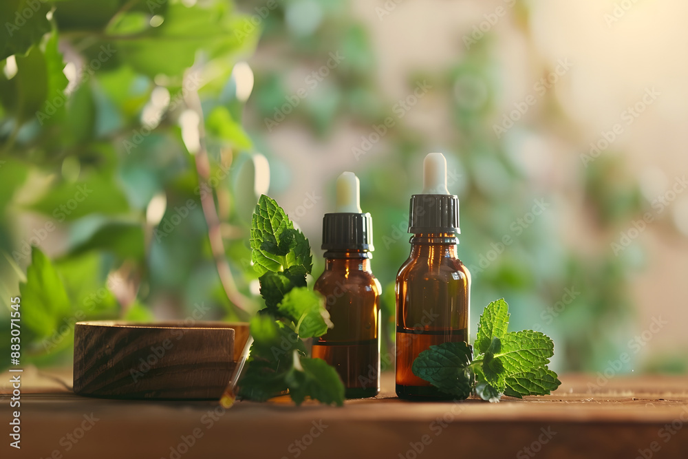 Bottles of mint essential oil and fresh leaves on wooden table, space for text Bottles of mint essential oil and fresh leaves on wooden table, space for text