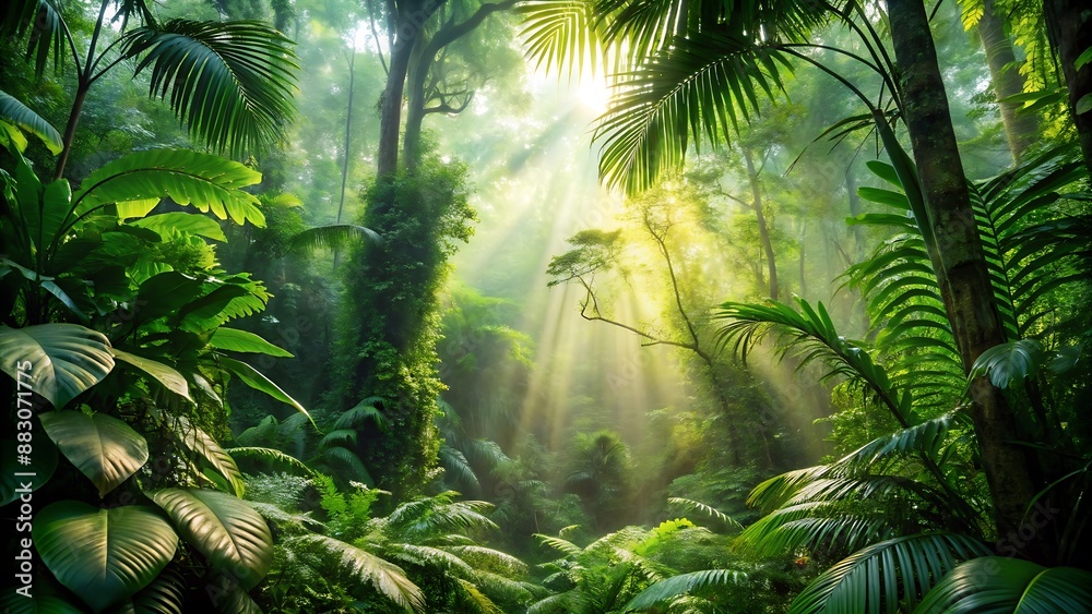 Naklejka premium Sunbeams Through Tropical Rainforest.