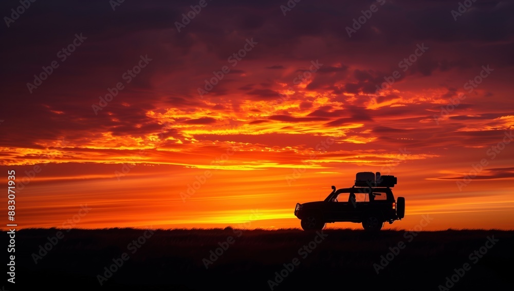 Fototapeta premium jeep goes on a journey in the sunset