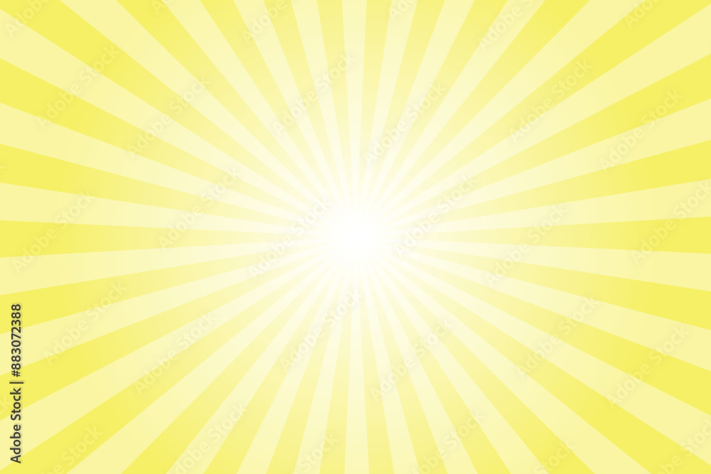 Yellow background with white sun ray. Pattern of starburst. Abstract Icterine yellow texture with light of sunburst. Radial beam of sunlight. Retro background with flash. Design of sunbeams.