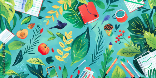 A vibrant, back-to-school themed illustration featuring various school supplies such as notebooks, pencils, and pens, surrounded by leaves and nature elements