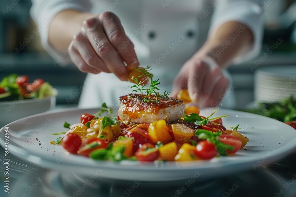 Close-up of a chef's hands plating a delicious meal of grilled fish and fresh salad. Close-up of a chef's hands plating a delicious meal of grilled fish and fresh salad.