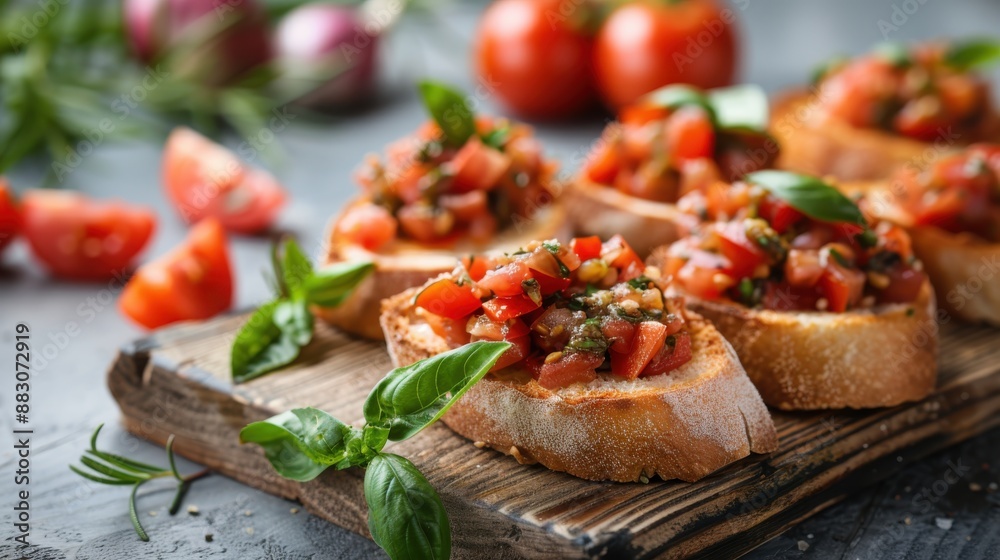 Delicious tomato bruschettas are adorned with fresh basil and olive oil, displayed on a rustic wooden board, making for an inviting appetizer bursting with flavor and freshness. Delicious tomato bruschettas are adorned with fresh basil and olive oil, displayed on a rustic wooden board, making for an inviting appetizer bursting with flavor and freshness.