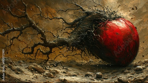 Surreal painting of a red heart intertwined with roots against a textured background, symbolizing the connection to earth and life. photo