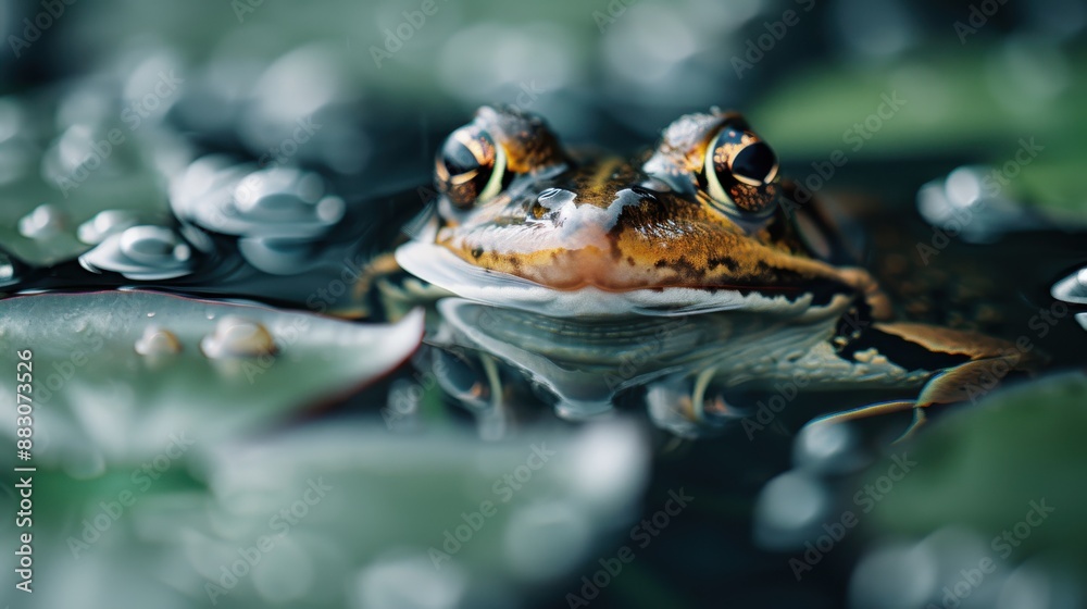 High-detail image of a frog amidst lily pads in a serene pond. The frog's eyes are clearly visible as it rests comfortably in its natural habitat. High-detail image of a frog amidst lily pads in a serene pond. The frog's eyes are clearly visible as it rests comfortably in its natural habitat.