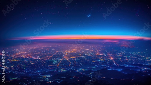 A breathtaking aerial view of a city at nightfall, with vibrant lights and a stunning horizon transitioning from sunset to twilight.