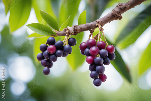 photo shot of a Acai attached to a tree branch with a blurred background