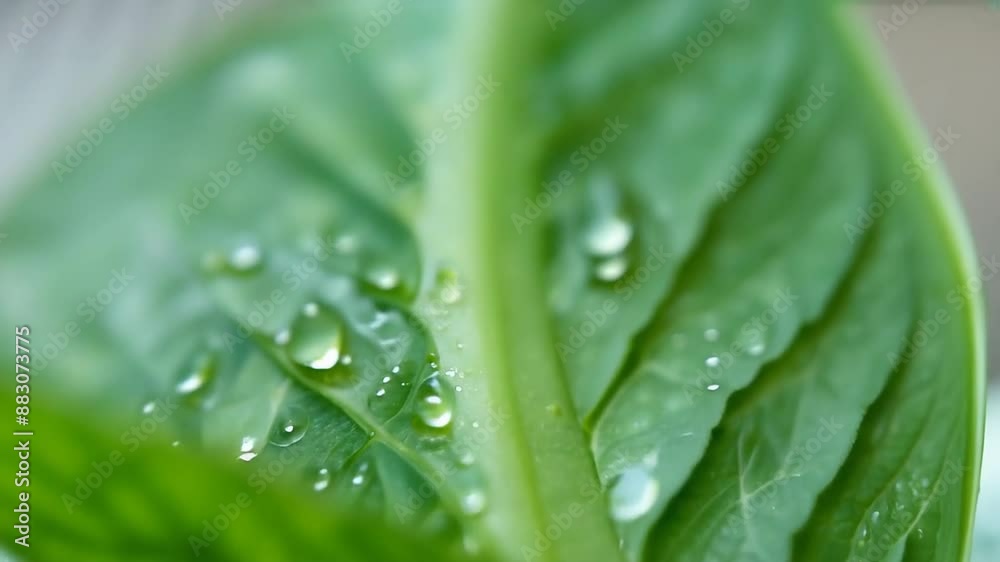 Fresh green leaf with dew drops close-up Fresh green leaf with dew drops close-up