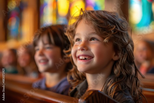 A young girl smiles brightly as she looks up during a service in a church. The stained glass windows and other churchgoers are visible in the background.