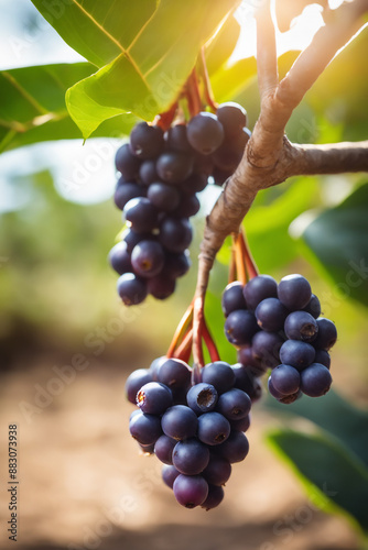 photo shot of a Acai attached to a tree branch with a blurred background