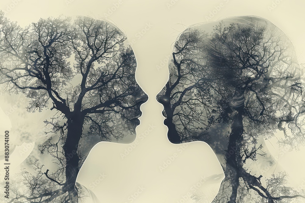 Double exposure of two faces and bare trees, creating an artistic and surreal composition that merges nature with human profiles. Double exposure of two faces and bare trees, creating an artistic and surreal composition that merges nature with human profiles.