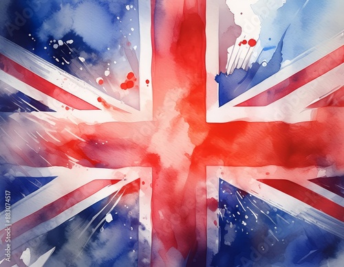 Flag of the United Kingdom on watercolor background. Digital art painting.