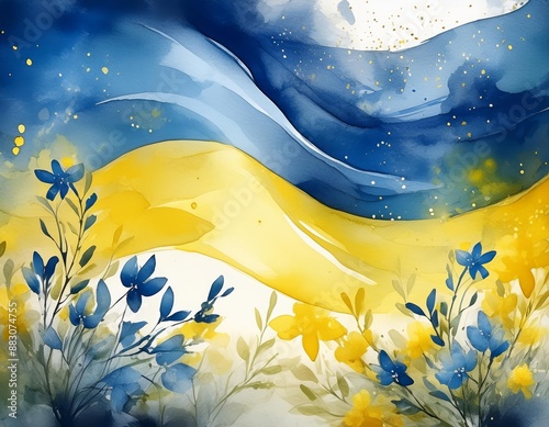 Ukrainian flag with blue and yellow flowers. Watercolor painting