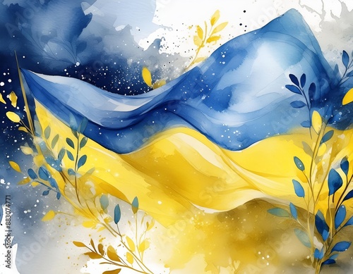 Ukrainian flag with blue and yellow flowers. Watercolor painting