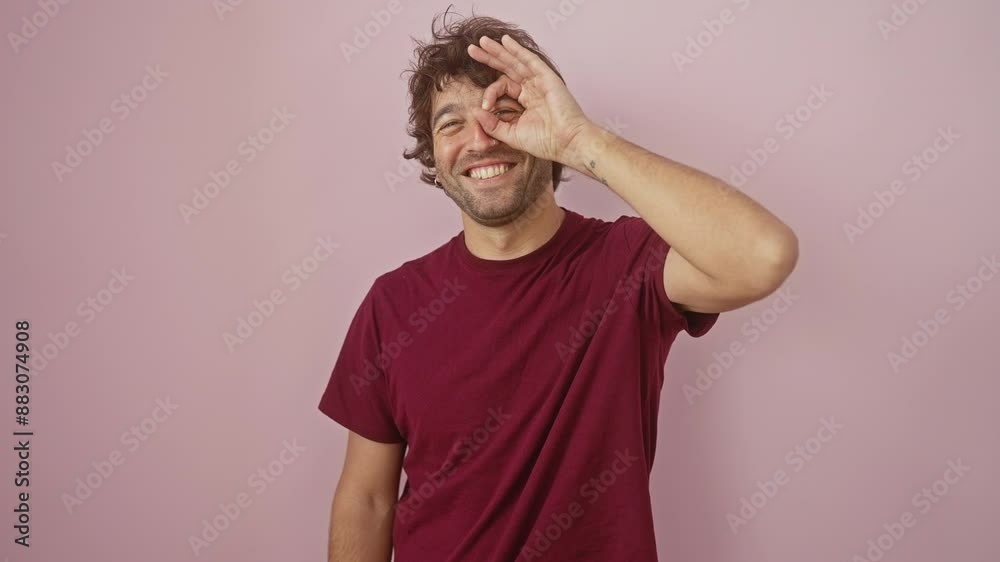 Cheerful young hispanic man in t-shirt, confidently standing over pink isolated background. happy guy grinning, making fun 'ok' sign with fingers, looking through eye. Cheerful young hispanic man in t-shirt, confidently standing over pink isolated background. happy guy grinning, making fun 'ok' sign with fingers, looking through eye.