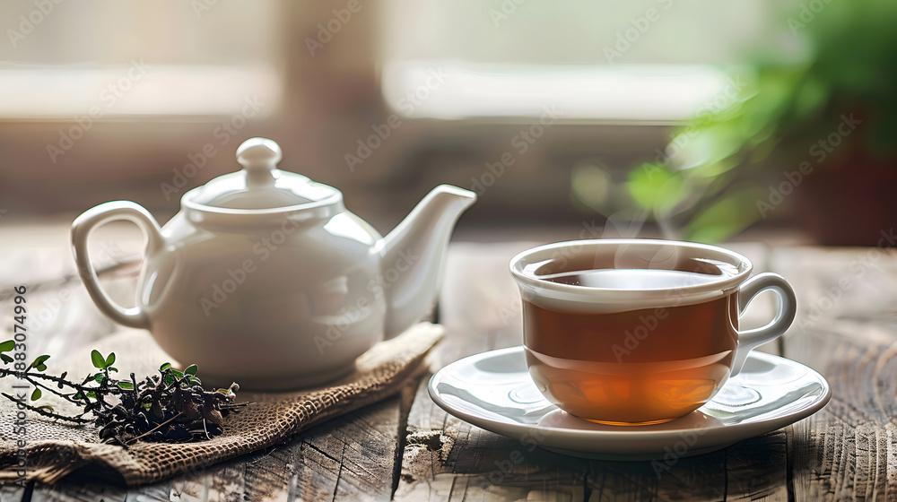 White teapot and teacup filled with hot black tea, resting on white saucer on on wooden table. White teapot and teacup filled with hot black tea, resting on white saucer on on wooden table.