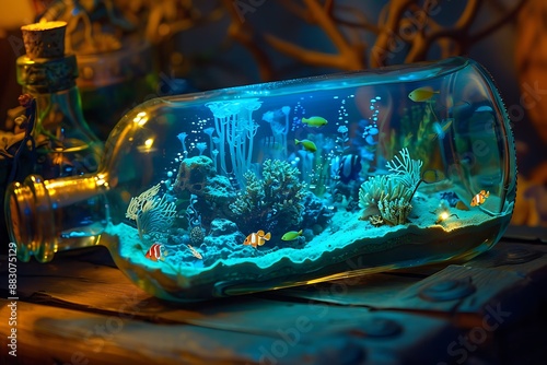 A bottle interior showcasing a miniature, bioluminescent underwater scene photo