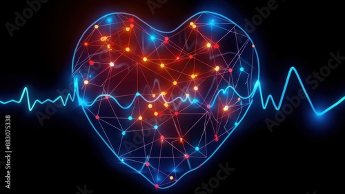 Digital heart shape with glowing network nodes and pulse line, representing health technology and cardiology innovation on a dark background.