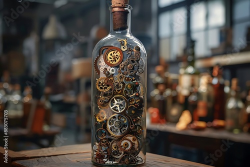 A bottle interior showcasing a delicate, intricate clockwork mechanism photo