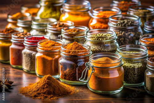 A row of glass jars filled with various spices. The jars are arranged in a line on a wooden table