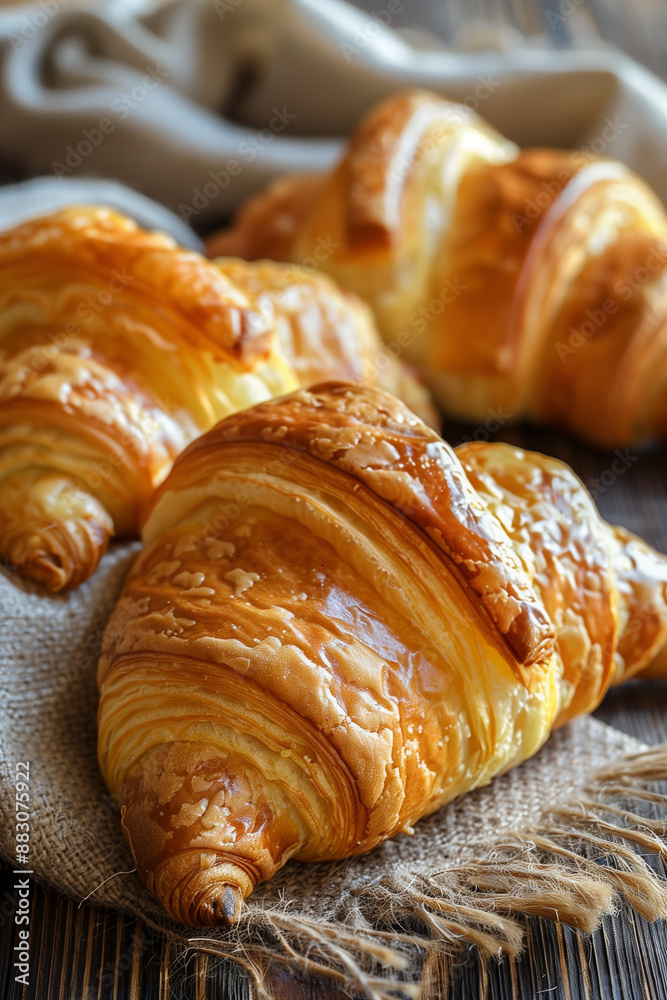 
Appetizing croissants on wooden table close-up