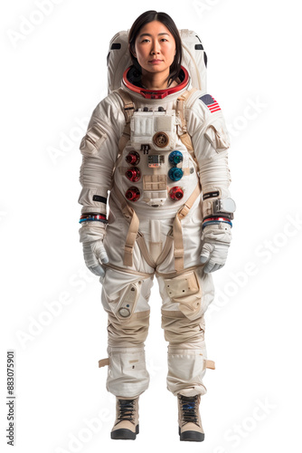 Female astronaut isolated on white or transparent background. Close-up of an astronaut in a suit