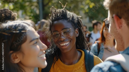 A group of young people standing together, smiling and laughing