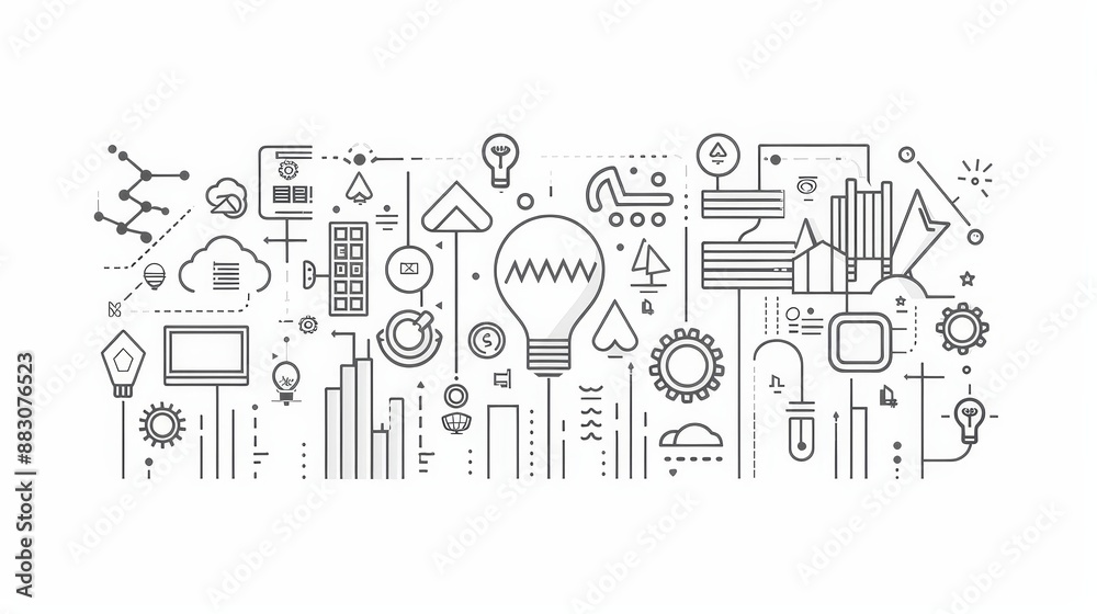 Abstract Line Art Illustration of Innovation and Growth - Abstract illustration of innovation and growth represented by lines and icons. The theme of the image is about new ideas, progress, and busine Abstract Line Art Illustration of Innovation and Growth - Abstract illustration of innovation and growth represented by lines and icons. The theme of the image is about new ideas, progress, and busine