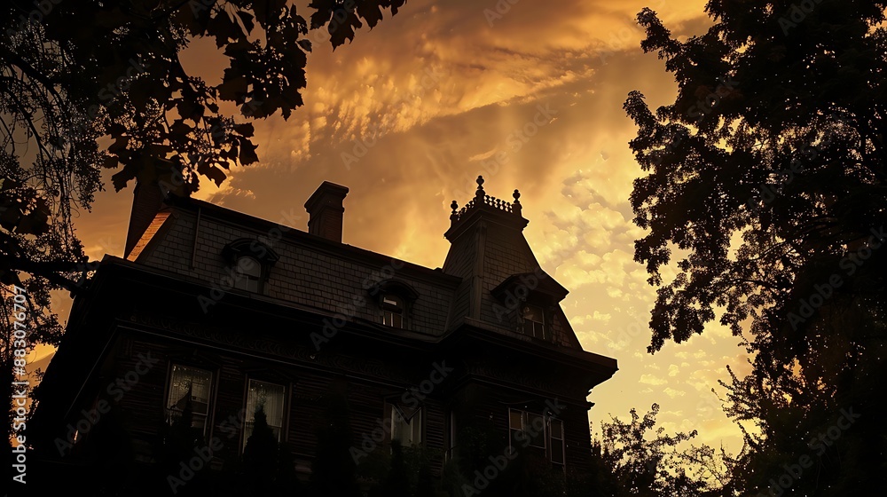 Silhouetted Victorian Mansion at Sunset