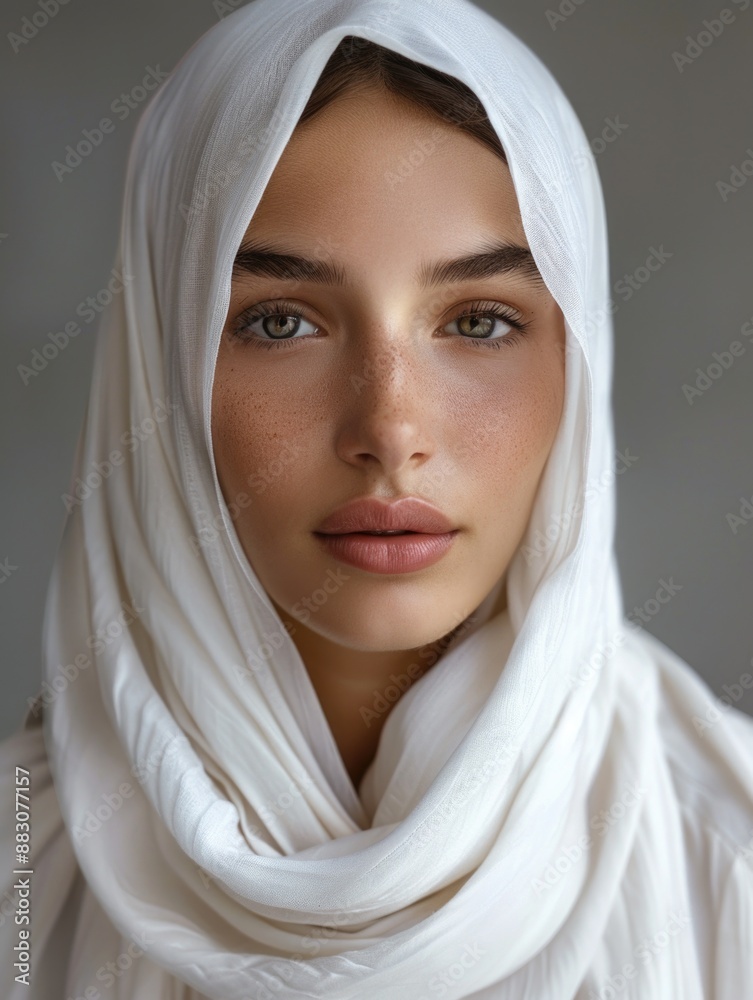 A woman wearing a white scarf on her head, possibly as a sign of modesty or to keep warm A woman wearing a white scarf on her head, possibly as a sign of modesty or to keep warm