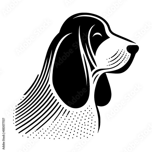 A black and white Basset Hound silhouette created using minimalistic dashed lines.  Minimalist art style. photo