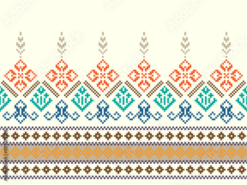 Cross Stitch. Geometric ethnic patterns. Design for Clothing, Fabric, batik, Saree, Patola, Sari, Dupatta, Vyshyvanka, rushnyk, dupatta, Knitwear, Embroidery, Ikkat, Pixel pattern. Traditional Design.