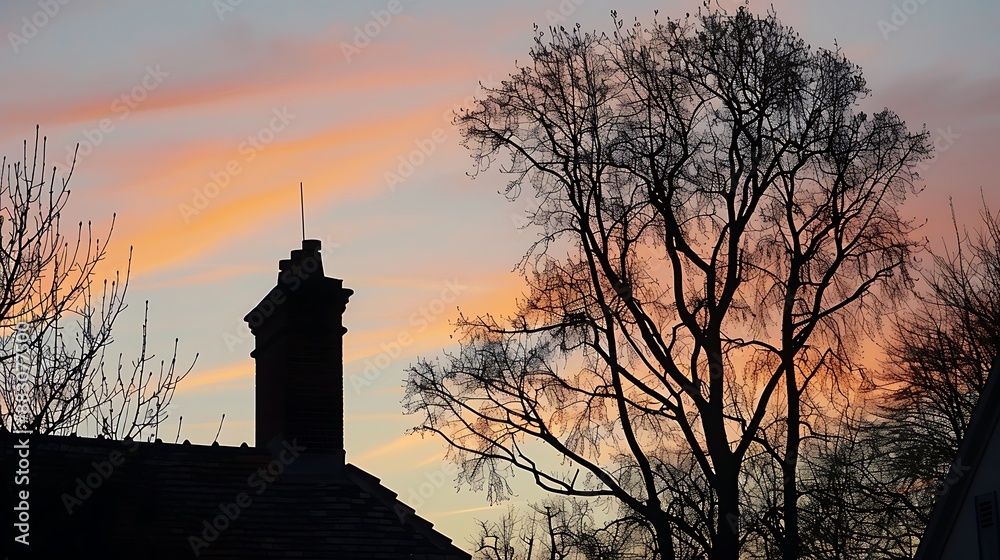 Silhouetted Chimney and Tree Branches Against a Pink Sunset Silhouetted Chimney and Tree Branches Against a Pink Sunset