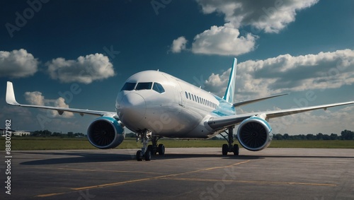 Passanger white plane lands. Airplane on the platform of Airport. Runway. Landing aircraft closeup. Mockup plane with place for text. Cloudy sky. Copy space. See Less 