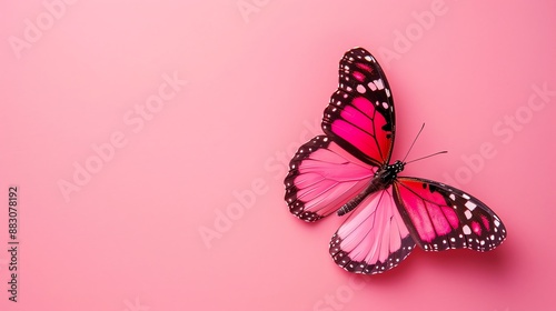 A bright pink butterfly with black markings on a pink background.