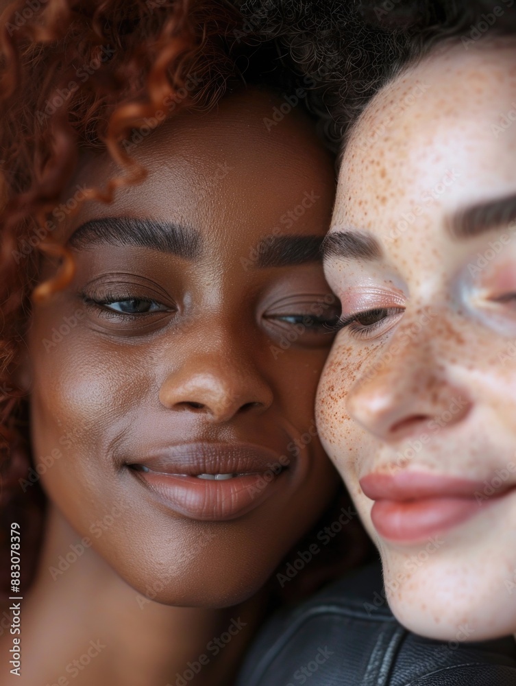 Close-up photo of two women's faces with noticeable freckles Close-up photo of two women's faces with noticeable freckles