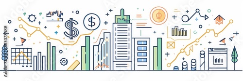 Business Growth and Financial Success Illustration - A colorful illustration depicting business growth, financial success and data analysis. The image showcases upward trends, charts and graphs, and d