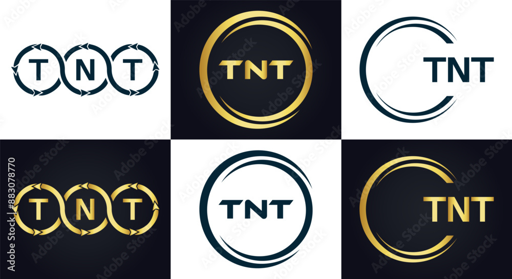 Fototapeta premium TNT logo. T N T design. White TNT letter. TNT, T N T letter logo design. T N T letter logo design in GOLD, GOLDEN LOGO, THREE, style. letter logo set in one artboard. T N T letter logo vector design.