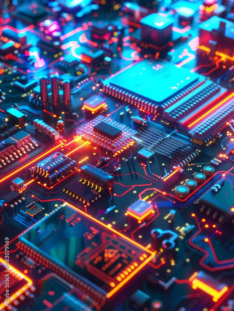 Circuit Board Abstract - Close up of a circuit board with glowing neon lights, showcasing the intricate details of electronic components and circuitry. Circuit Board Abstract - Close up of a circuit board with glowing neon lights, showcasing the intricate details of electronic components and circuitry.